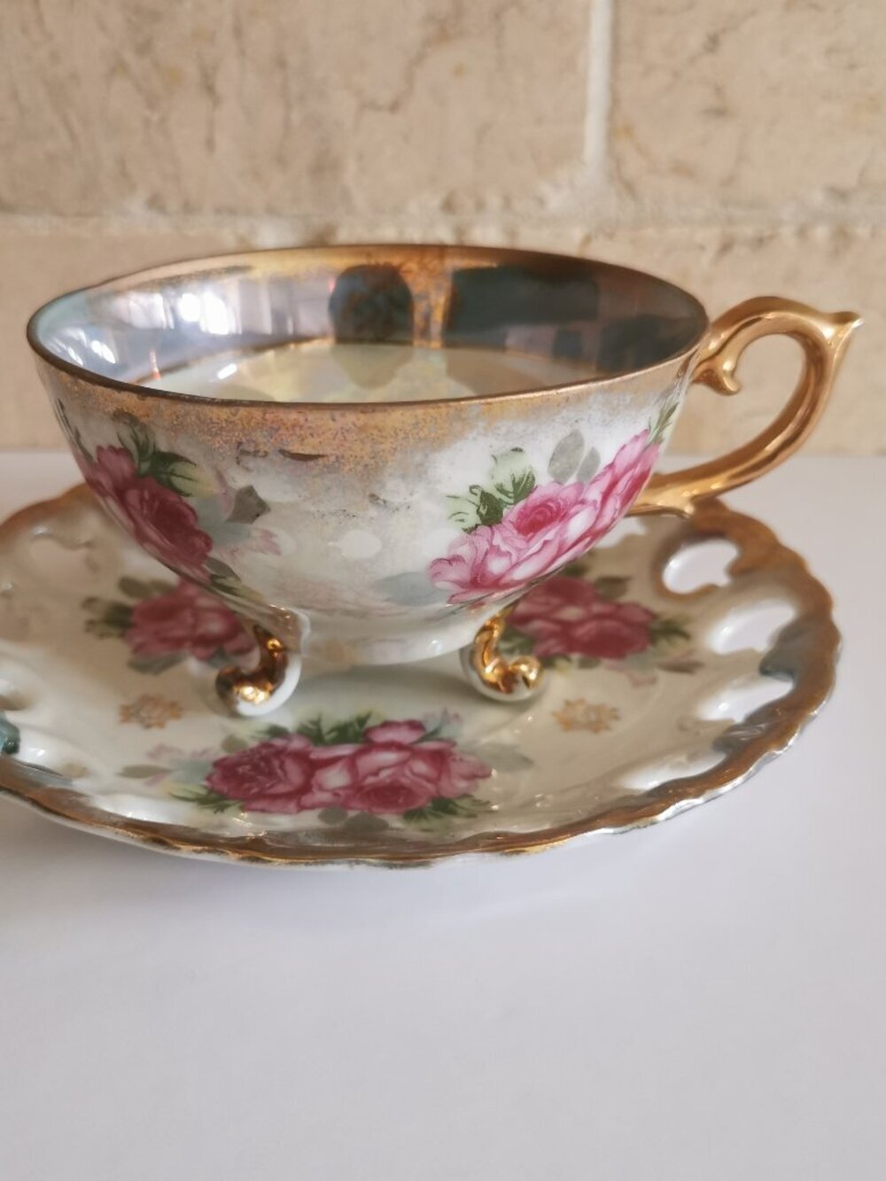 Iridescent Footed Teacup with Pink Roses and Blue Trim Cutouts Saucer Vintage